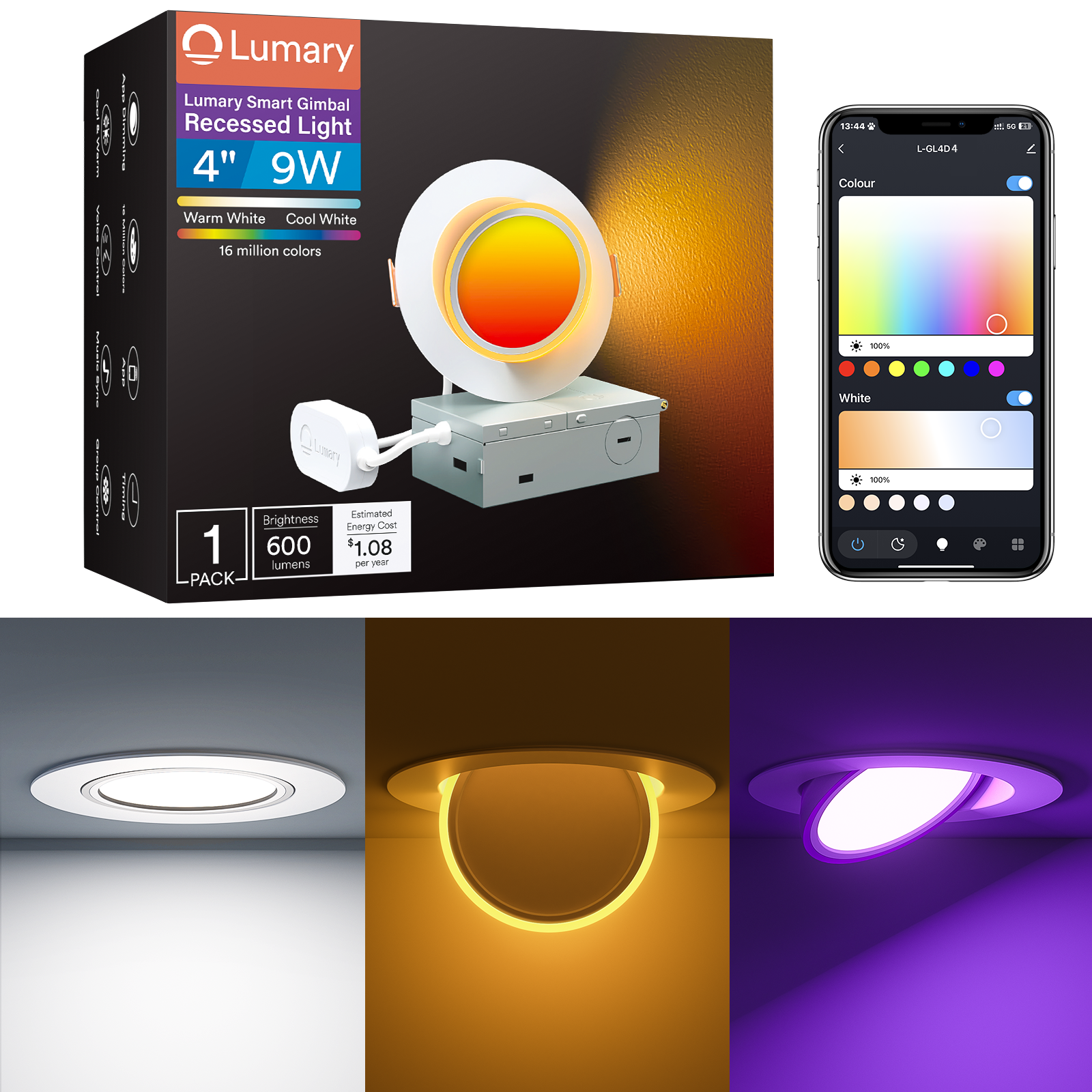 Lumary 4" Smart Gimbal Recessed Light with color options on smartphone app