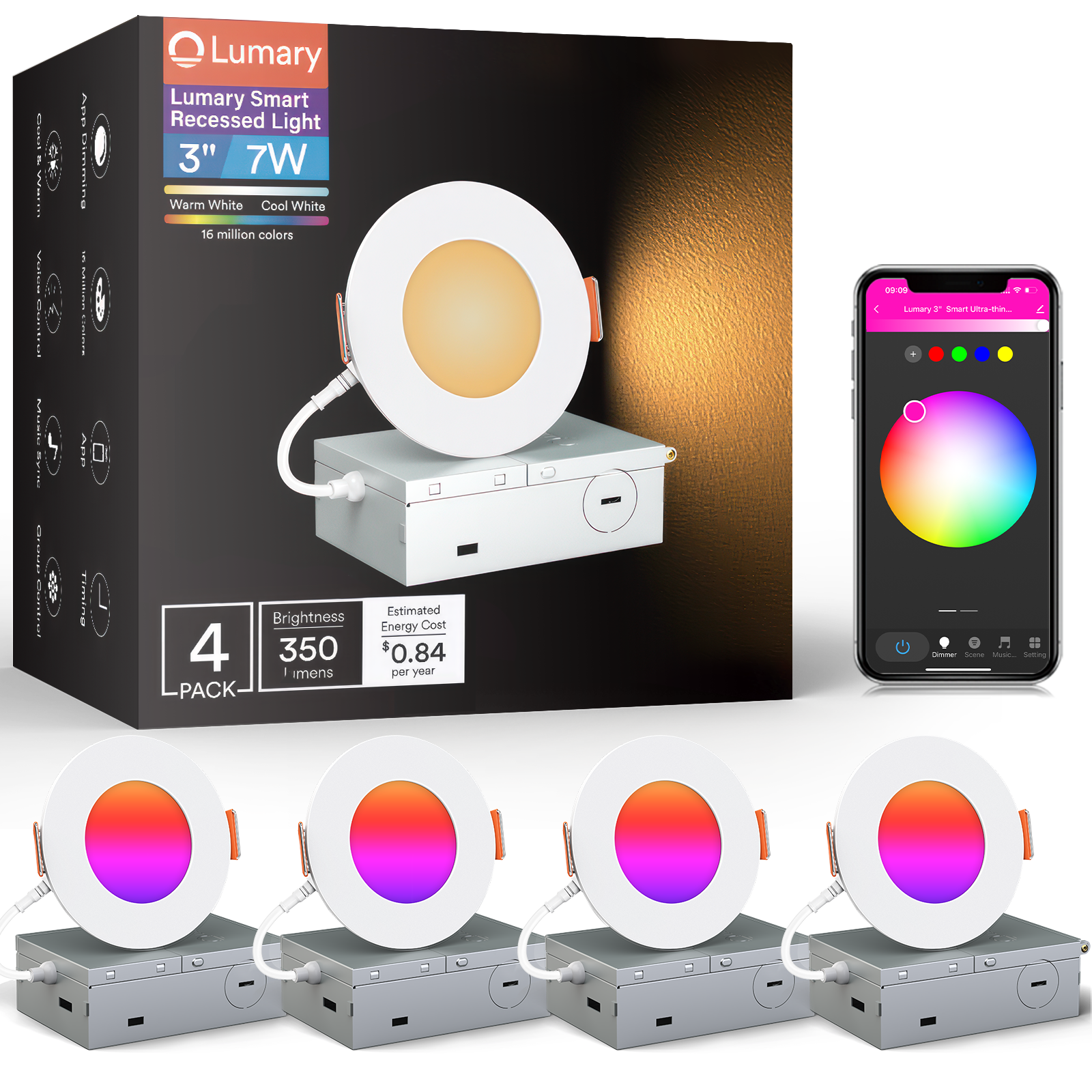 Lumary Smart Canless Recessed Lighting 3 inch 4-pack with color control app