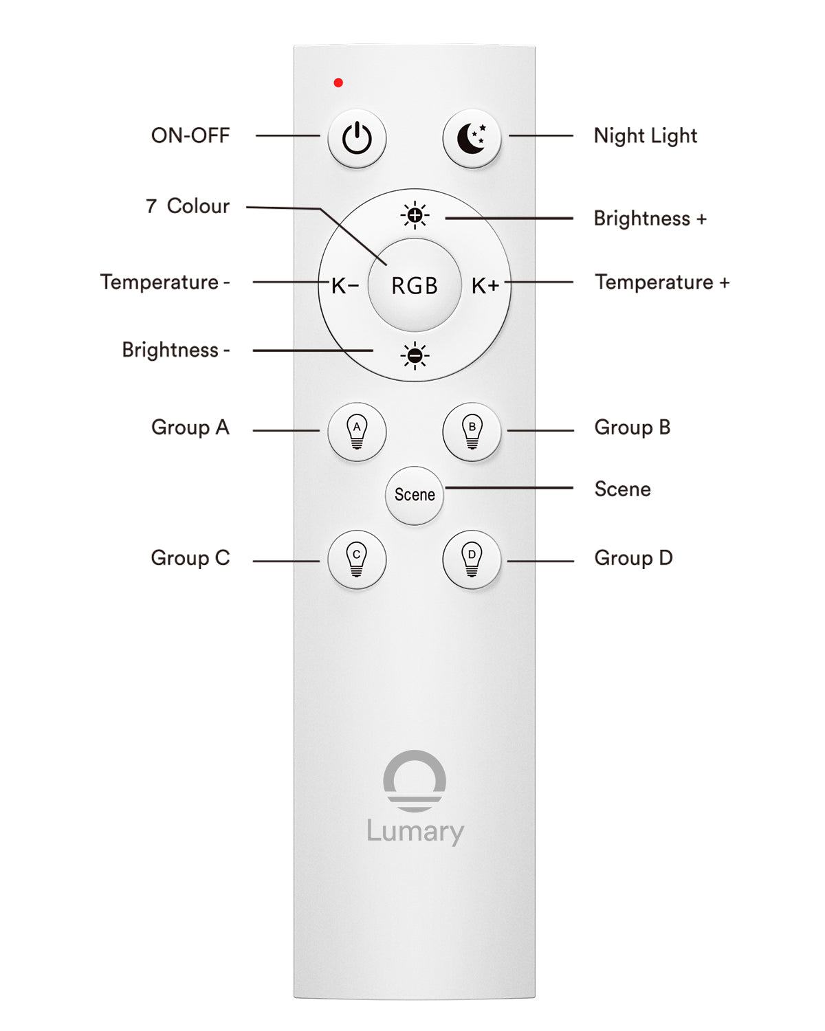 Lumary remote control for smart lighting with RGB, brightness, and scene buttons.