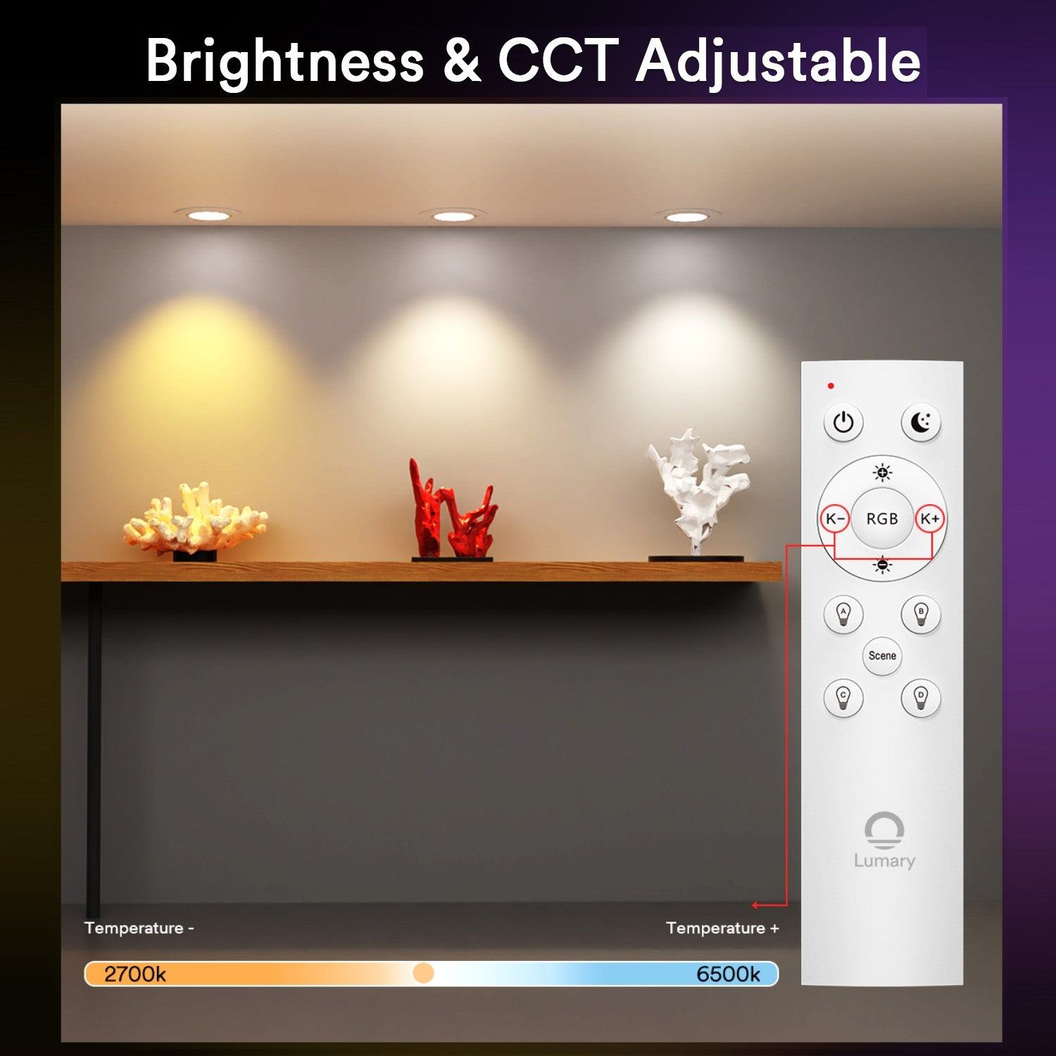 Lumary Bluetooth remote showcasing brightness and CCT adjustments with RGB options.