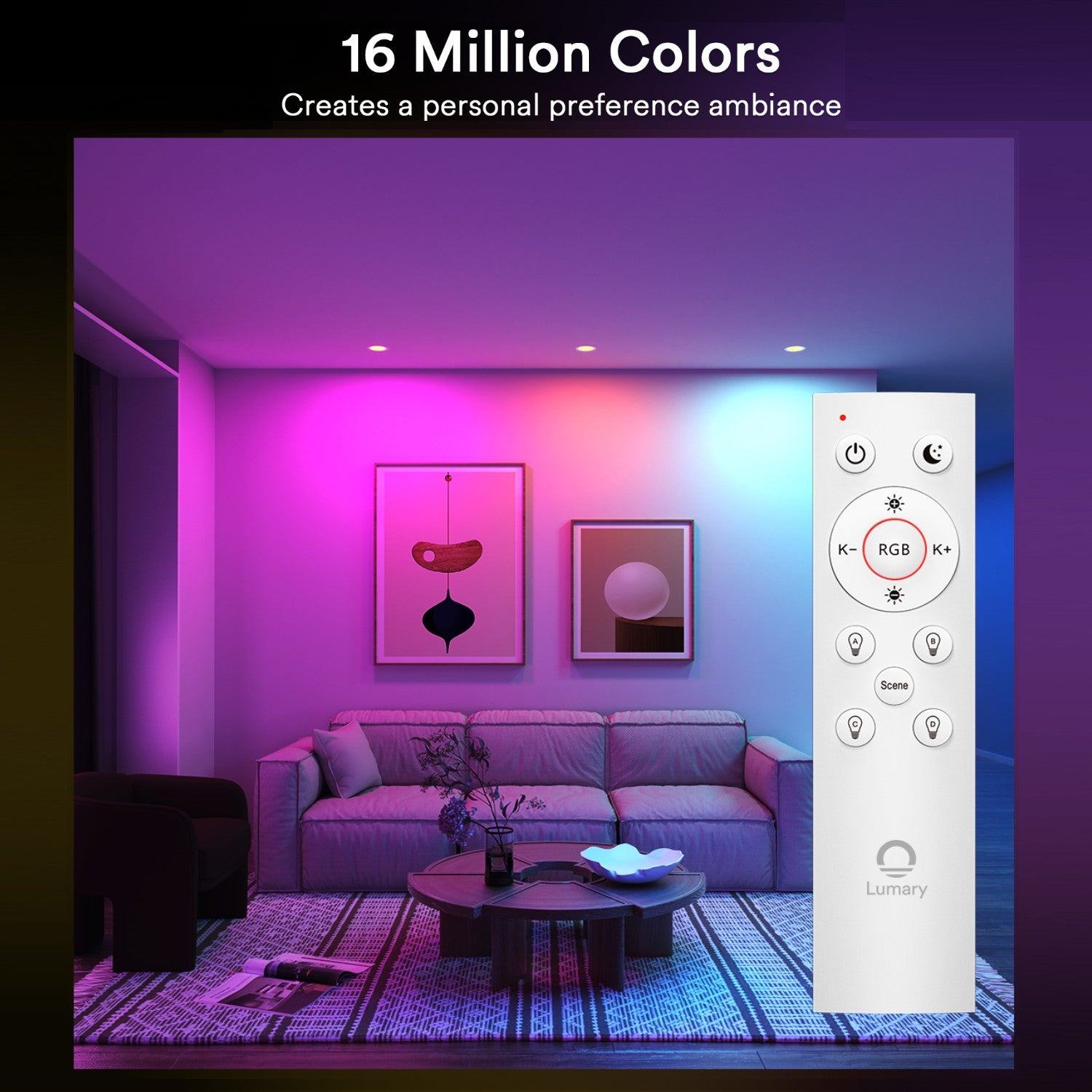 Lumary Bluetooth remote in vibrant living room with 16 million color options.
