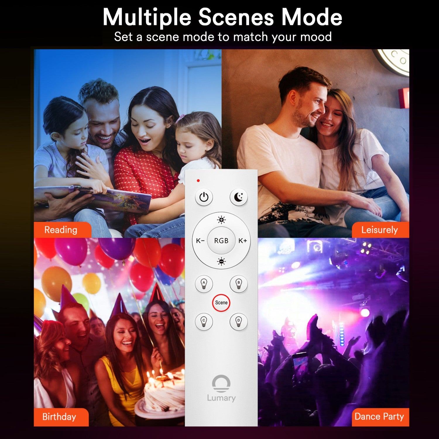 Lumary Bluetooth remote showing scene modes for various occasions like birthday and party.
