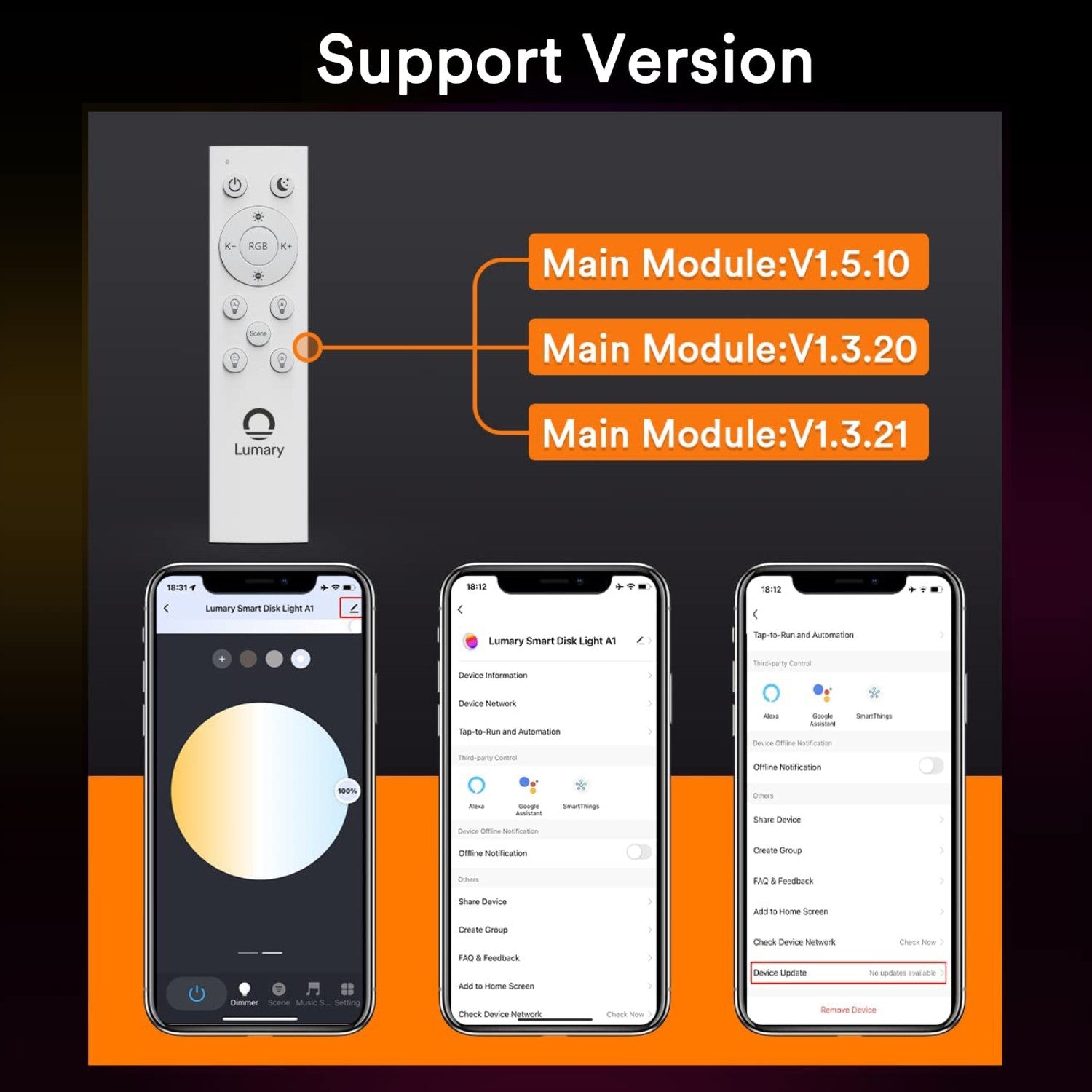 Lumary smart remote control with smartphone app displaying color options and controls.