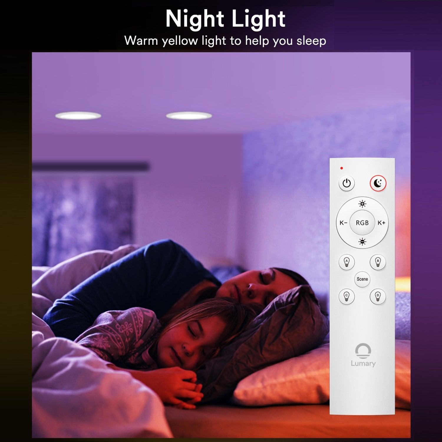 Lumary Bluetooth remote control in night mode with warm yellow light for sleep.