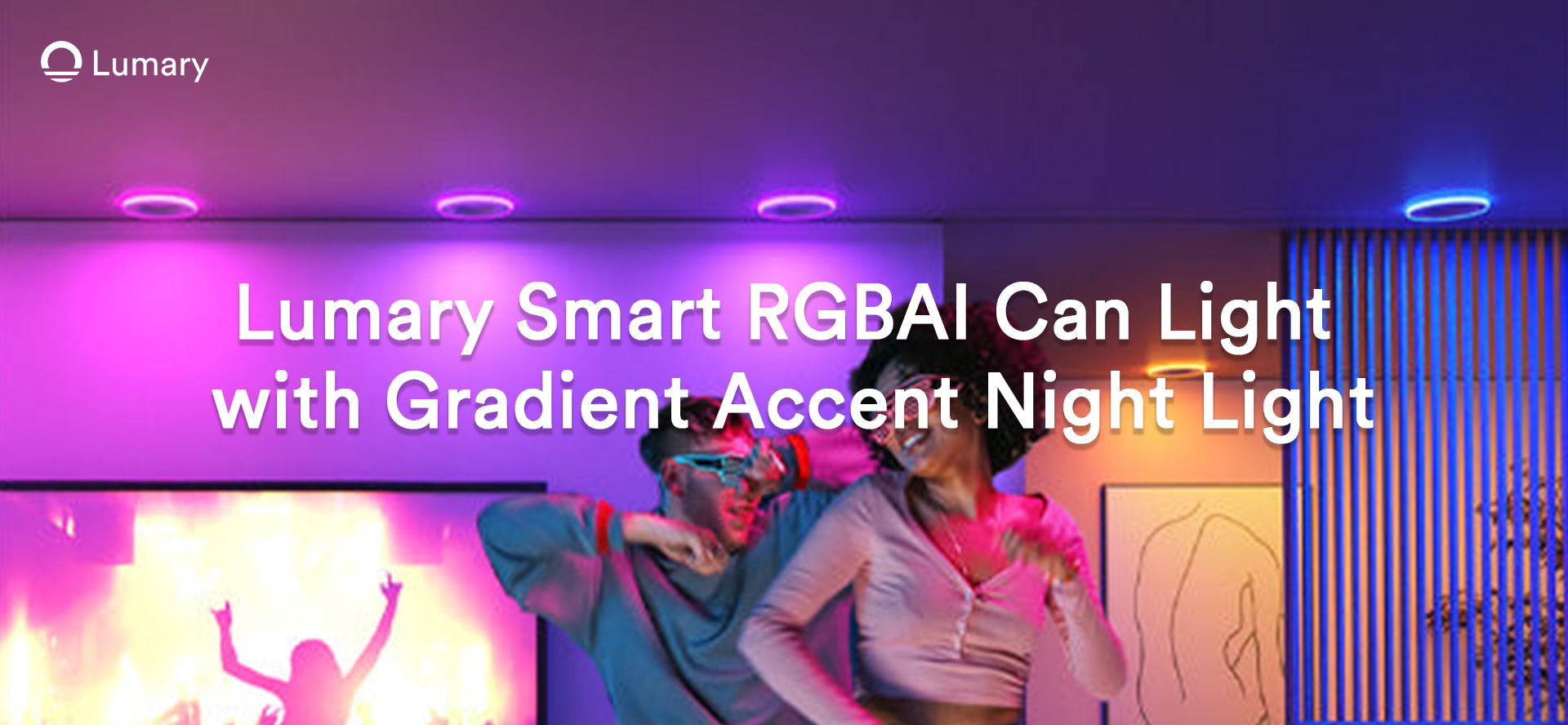 Lumary Smart RGBAI recessed can lights creating vibrant purple and blue gradient lighting effects in entertainment room, showcasing dynamic accent lighting capabilities for nighttime ambiance