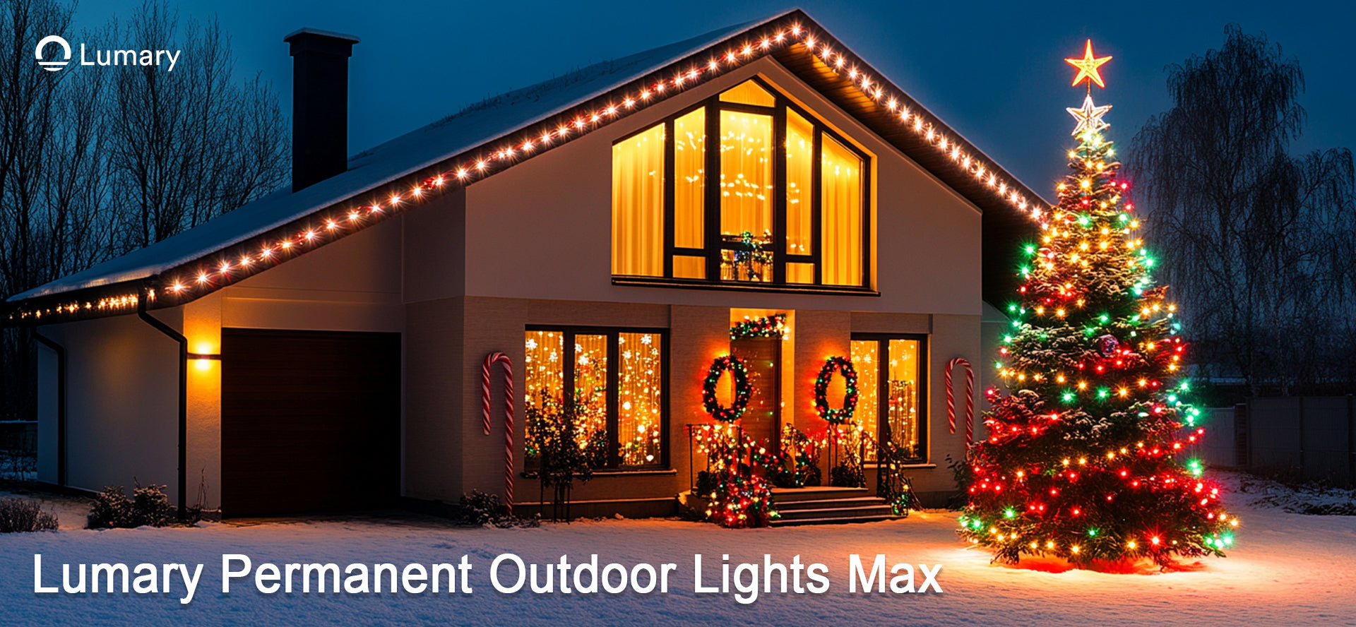 A festively decorated house at night, illuminated with Lumary Permanent Outdoor Lights Max, featuring string lights along the roofline and a brightly lit Christmas tree in the snowy front yard