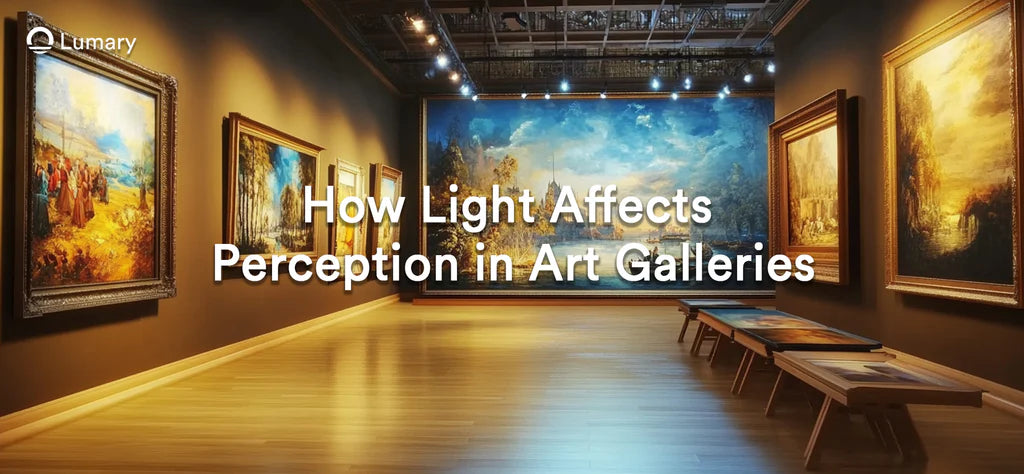Art gallery interior with large paintings and mixed lighting