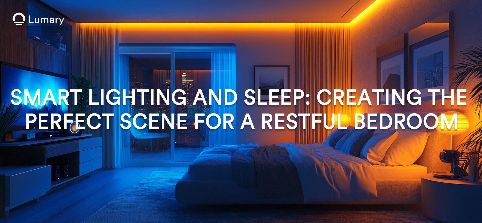 Modern bedroom with smart lighting highlighting the bed and city view through the balcony