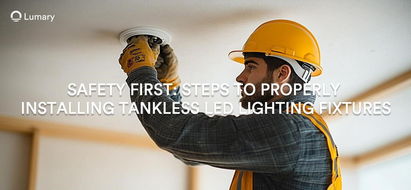 Safety First: A professional electrician wearing a hard hat and safety vest installs a tankless LED lighting fixture, emphasizing proper installation procedures