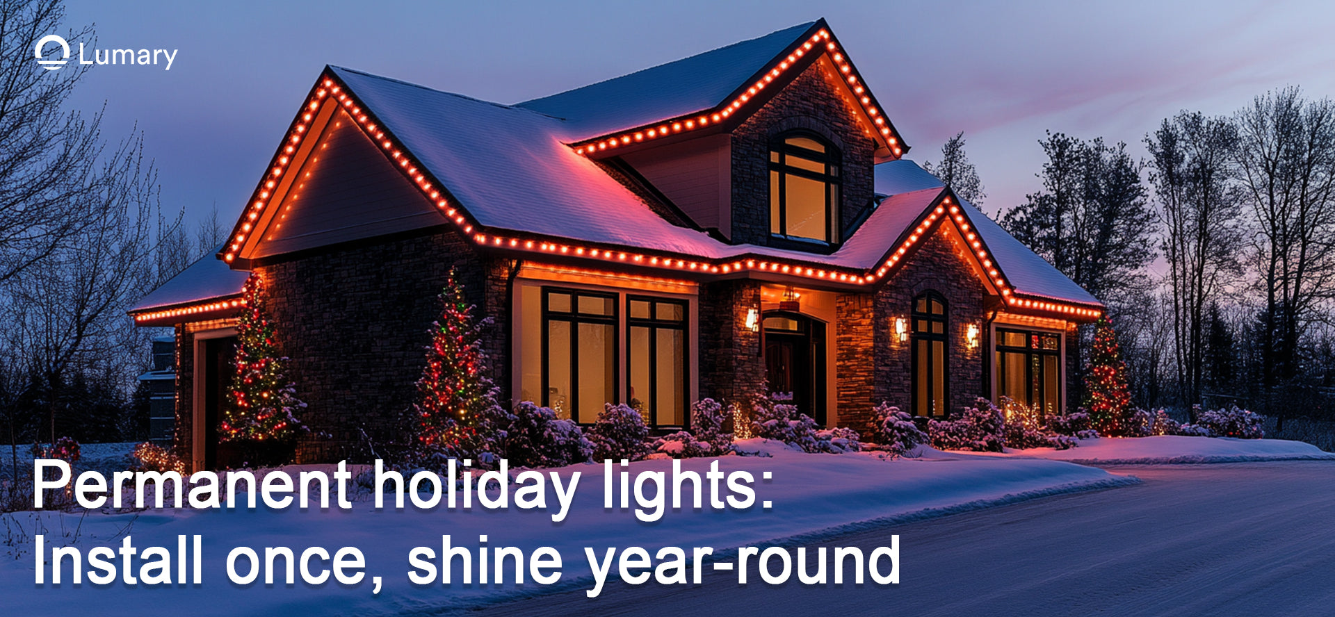 A snowy house is adorned with permanent holiday lights that shine year-round.