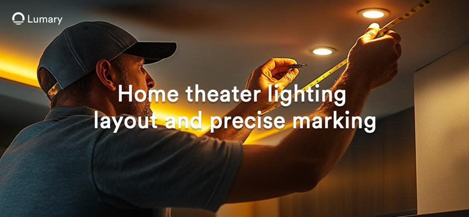 A man measuring and marking lighting layout in a home theater setting