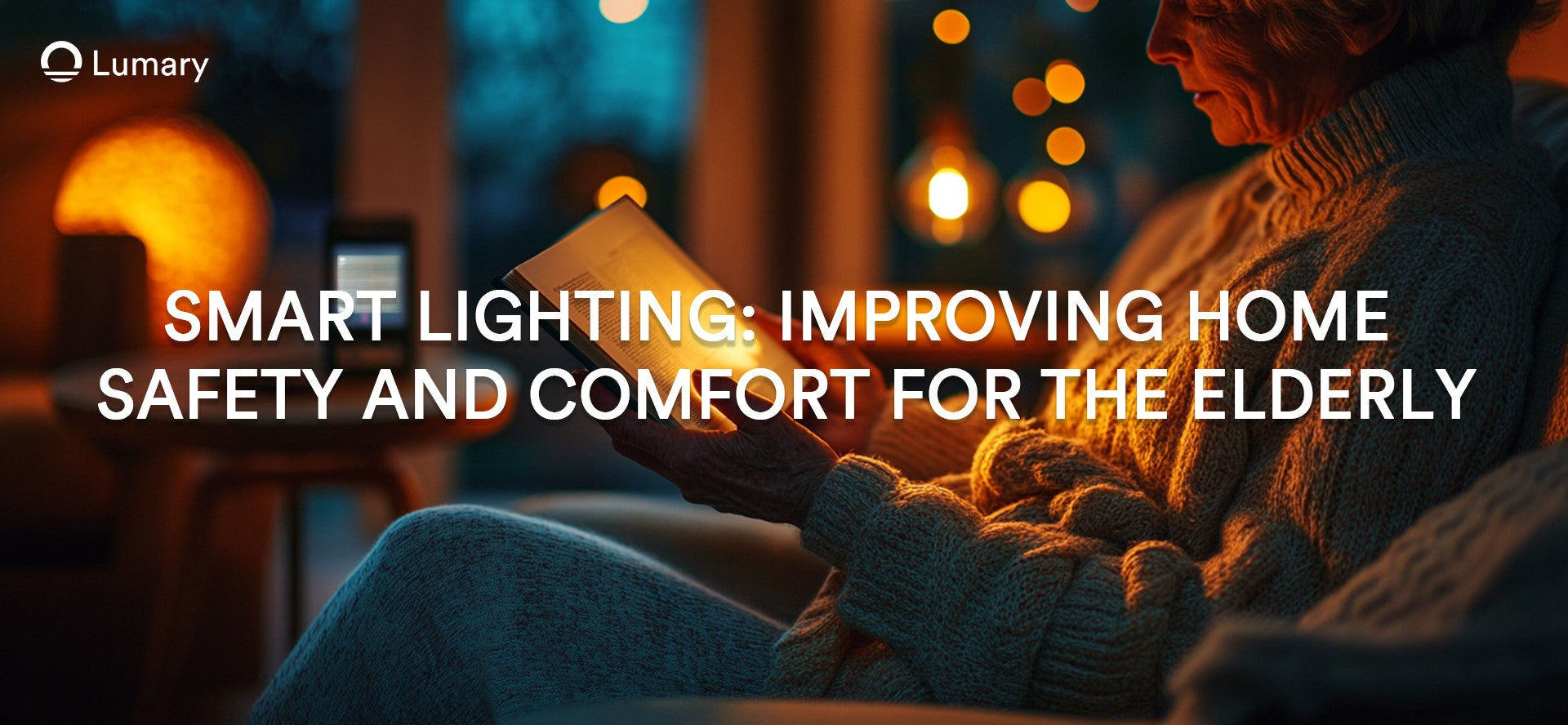 Elderly woman comfortably reading a book in a dimly lit room with smart lighting
