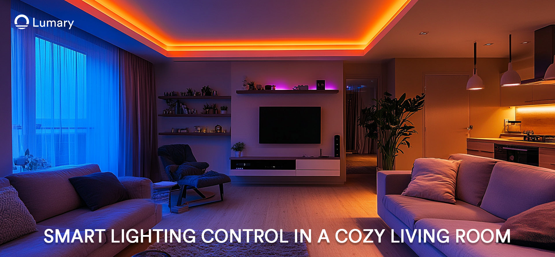 A cozy living room features smart lighting control, creating a warm and inviting atmosphere with colorful LED lights.
