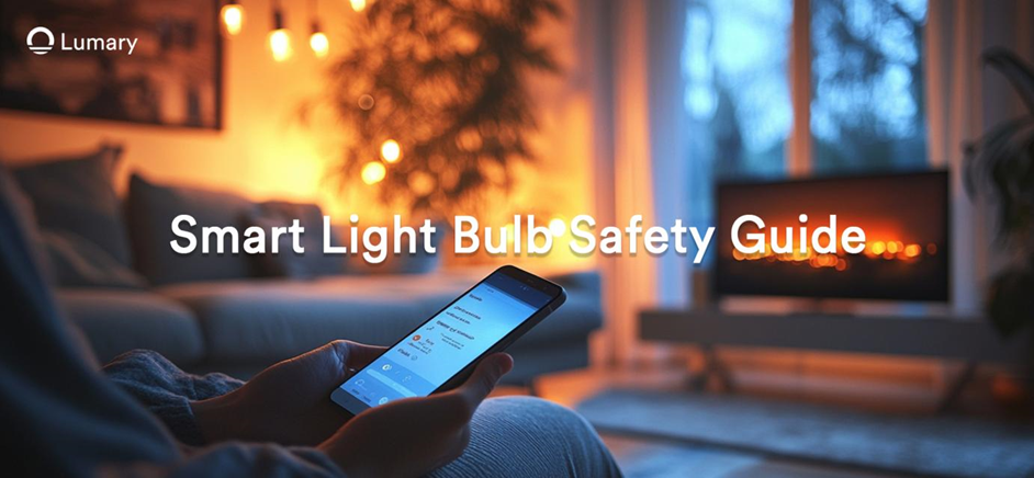 A person using a smartphone to control smart light bulbs in their living room, with text overlay "Smart Light Bulb Safety Guide".