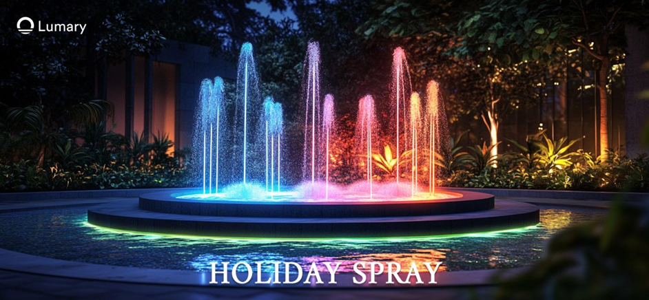 A fountain with the words 'Holiday Spray' on it and use LED lights