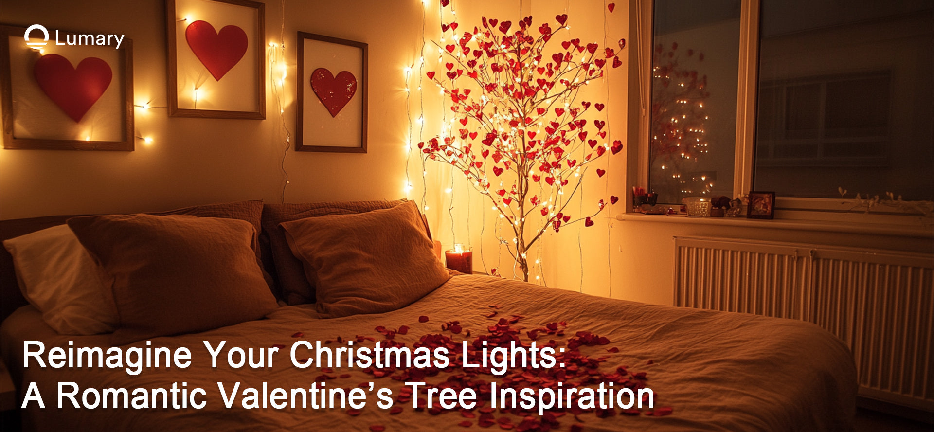 Romantic bedroom setup with Valentine's tree decorated with red heart ornaments and Christmas lights, creating a cozy ambiance