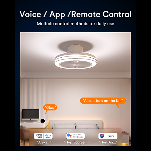 Lumary Smart Ceiling Fan Light showing voice and app control options in a modern room
