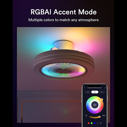 Lumary Smart Ceiling Fan Light in RGBAI mode with colorful LEDs and remote app interface.