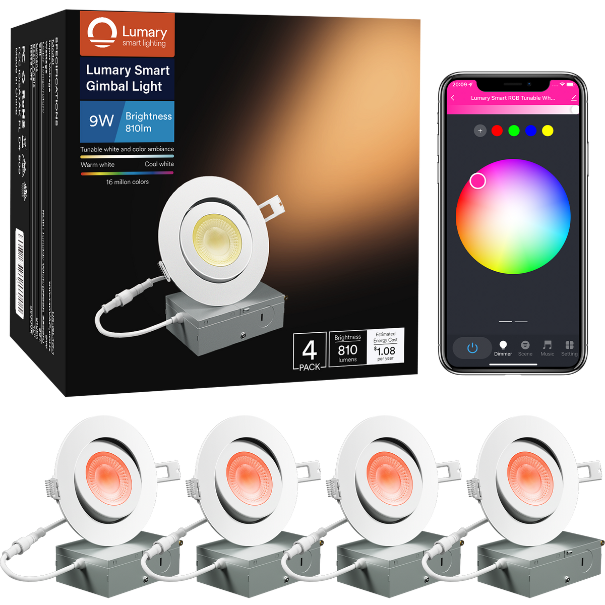 Lumary Wi-Fi LED 電球 スマートライト 9W 1600万色 Smart Recessed Lighting 4 Inch - 9W 810 Lumens Gimbal Recessed