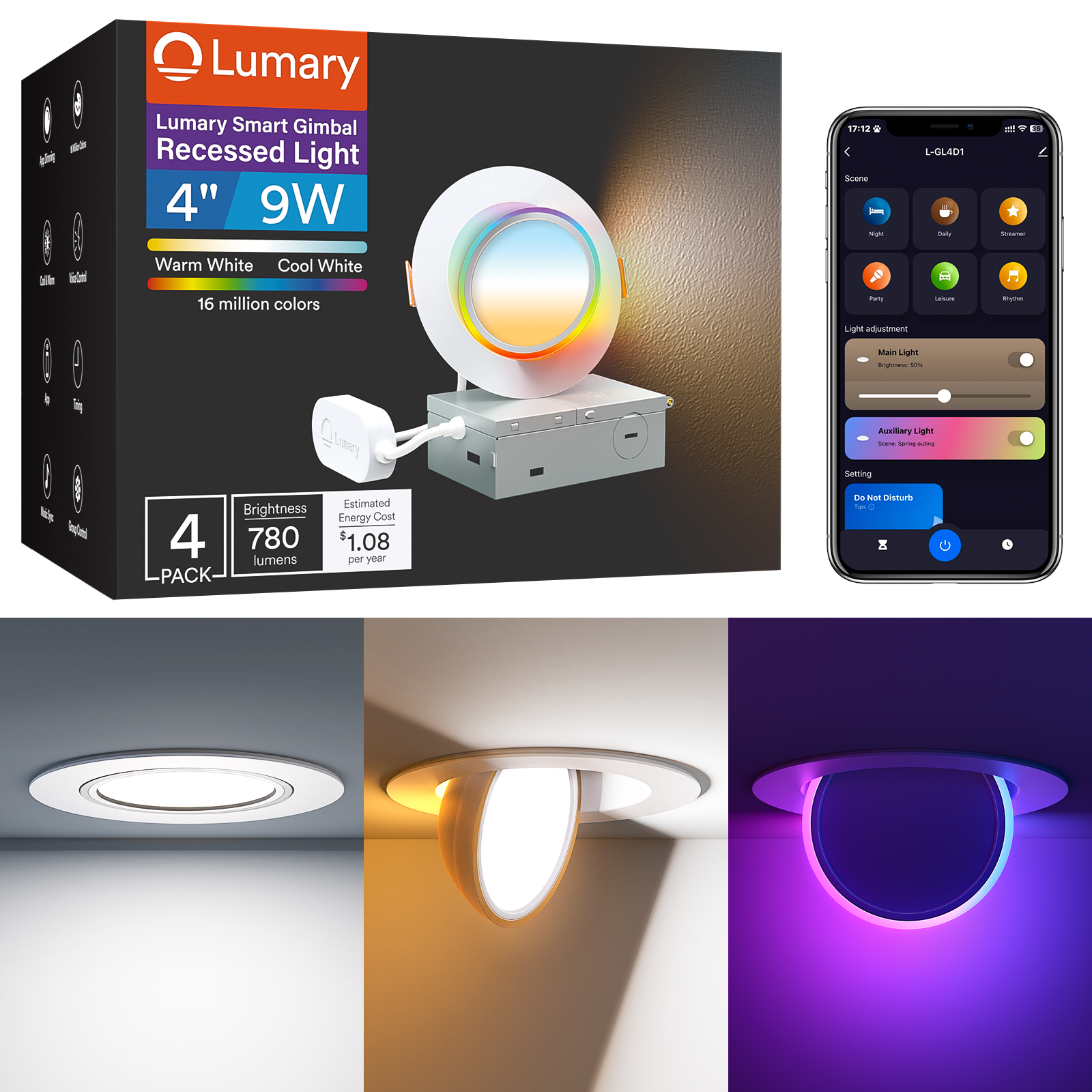 Lumary RGBAI Gimbal Smart Recessed Lighting 4 Inch Pro, 9w 780LM