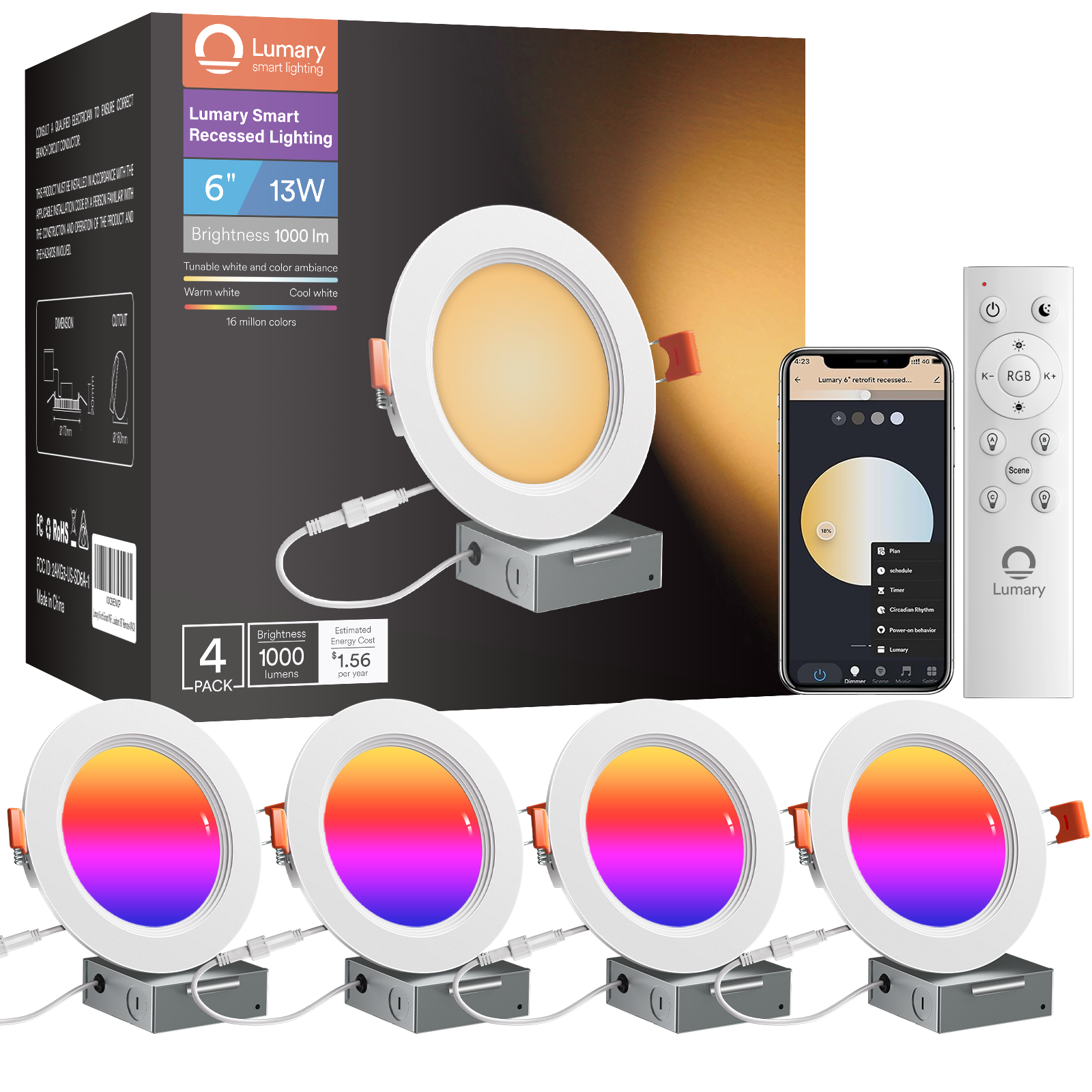 Lumary Wi-Fi Smart Ultra-Thin Baffle Trim Recessed Lighting 6inch 4PCS (With Remote Cotroller)
