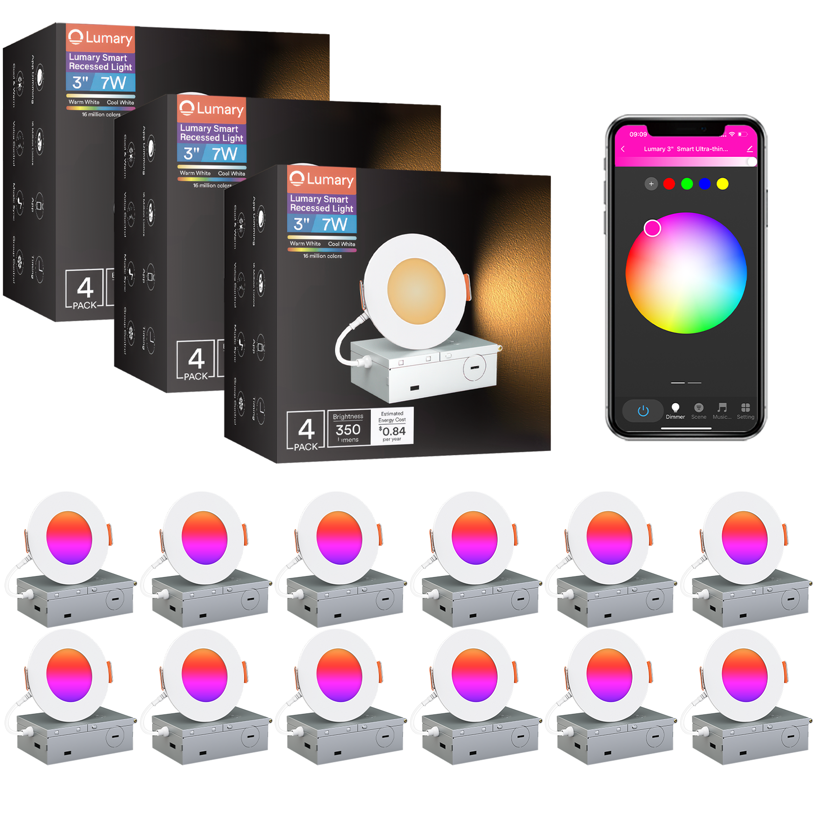 Lumary Wi-Fi Smart Canless Recessed Lighting 3 inch 12 PCS