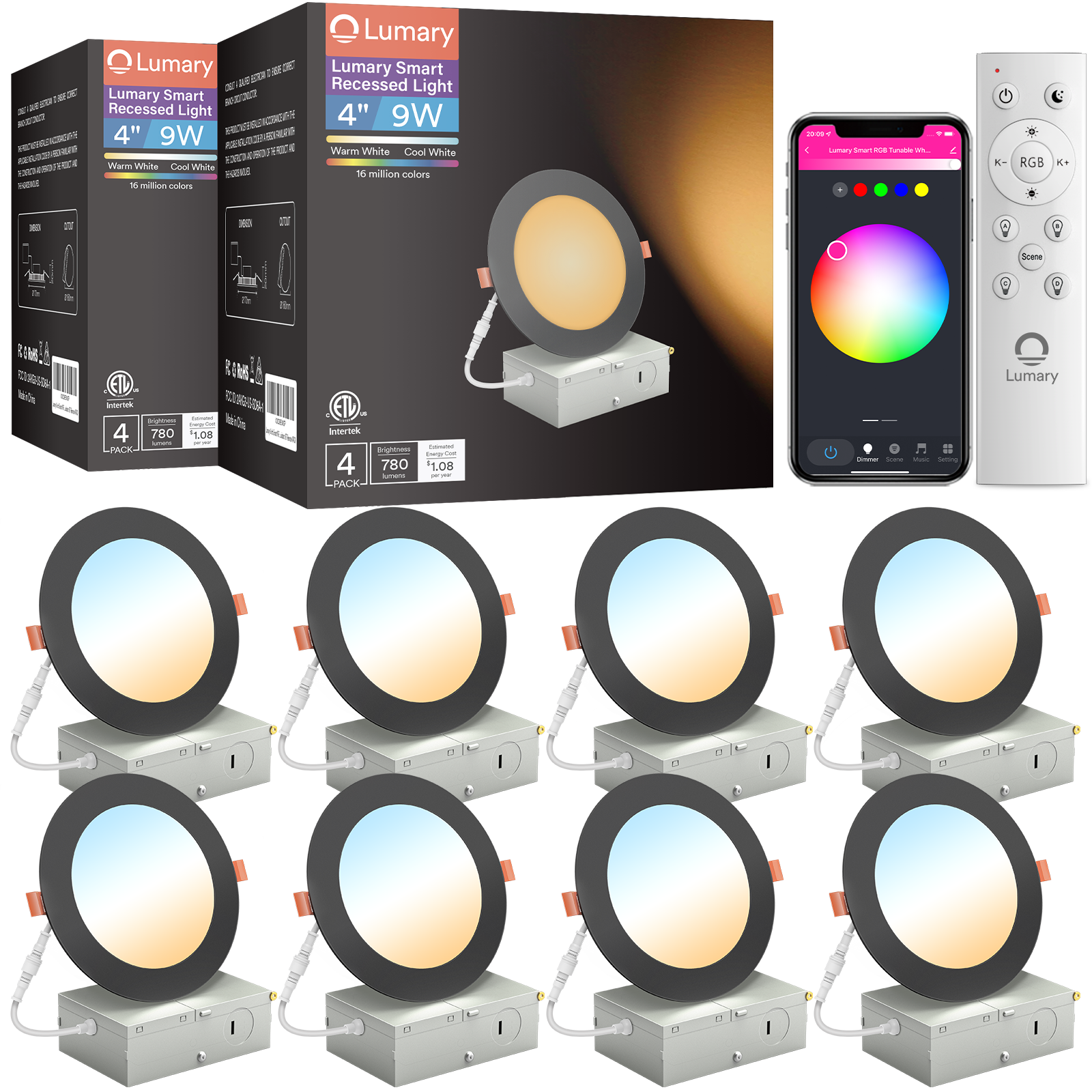 Lumary Wi-Fi Smart Ultra-thin Recessed Lighting Black 4 inch 8PCS (With Remote Controller)
