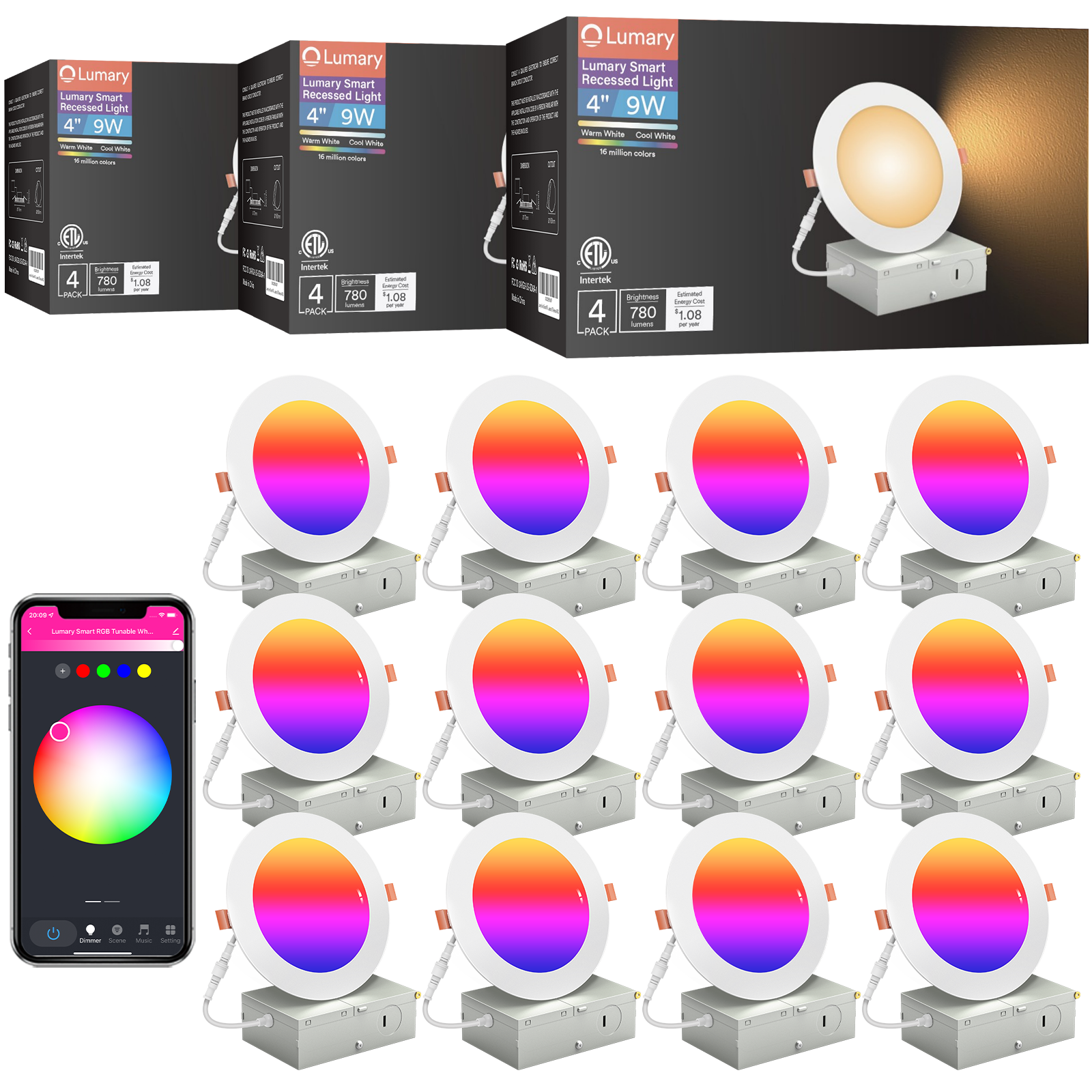 Lumary Wi-Fi Smart Canless Recessed Lighting 4 inch 12PCS