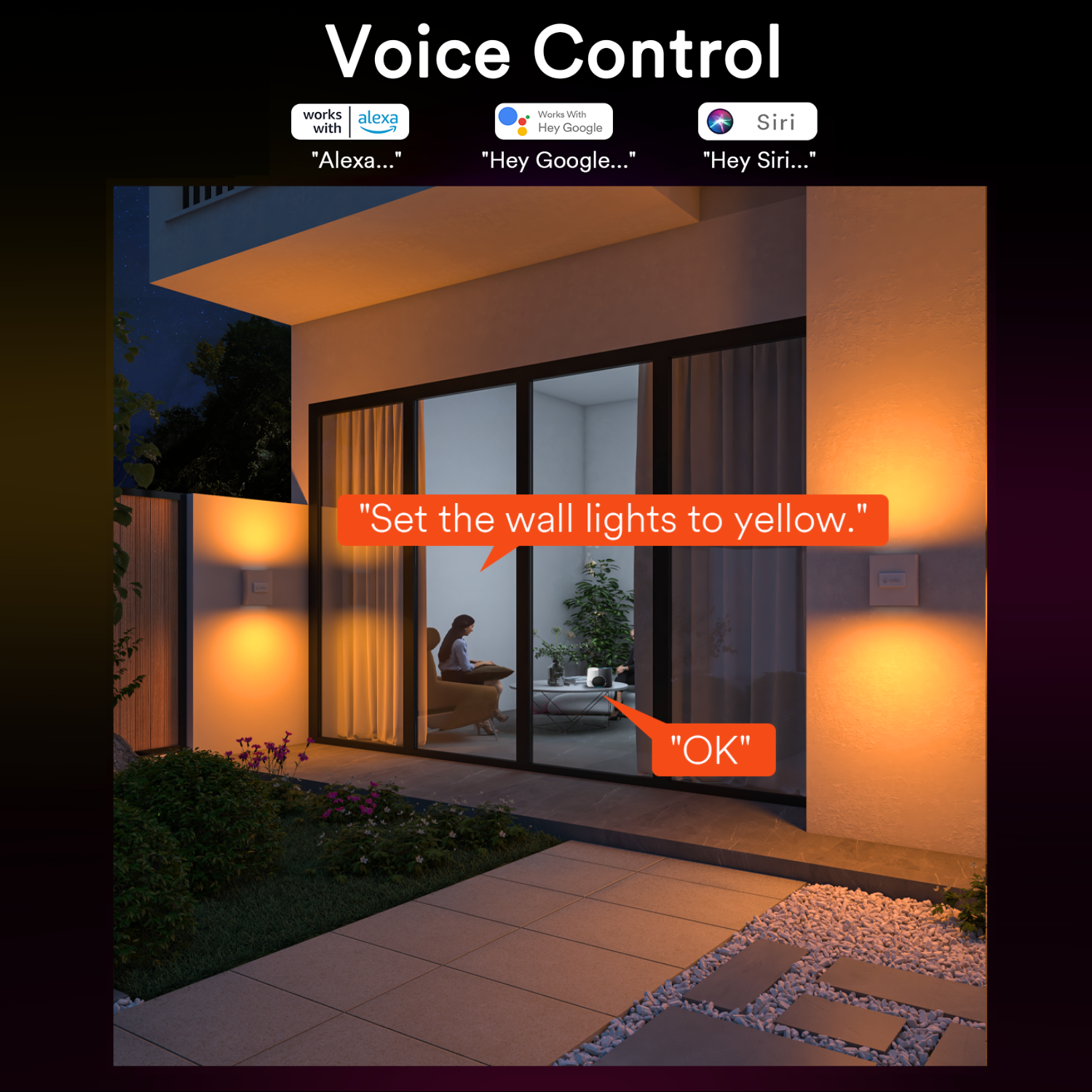 Lumary smart wall sconce lights in yellow with voice commands displayed at night.
