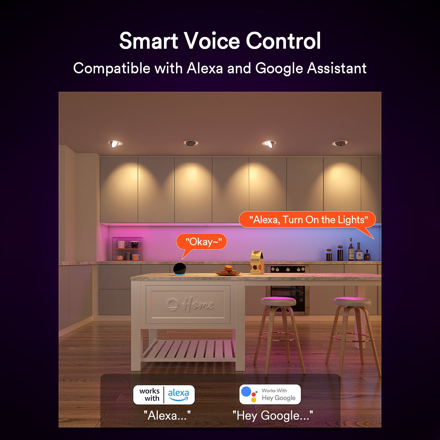 Modern kitchen with Lumary Gimbal lights and smart voice control interface