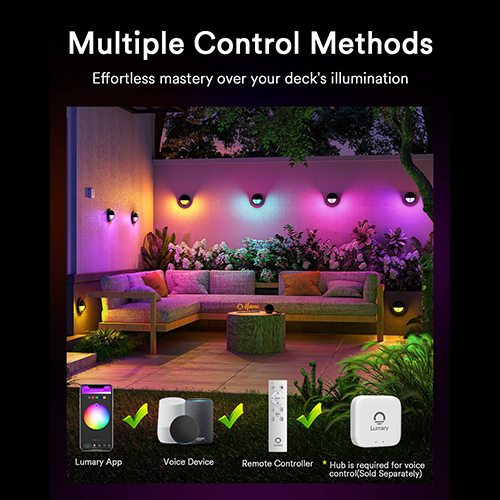 Control Lumary Smart Deck Lights via app, voice, or remote in a colorful outdoor setting.