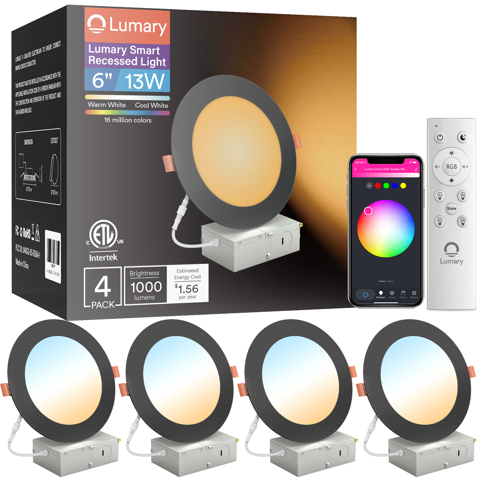 Lumary Wi-Fi Smart Ultra-thin Recessed Lighting Black 6 inch 4PCS