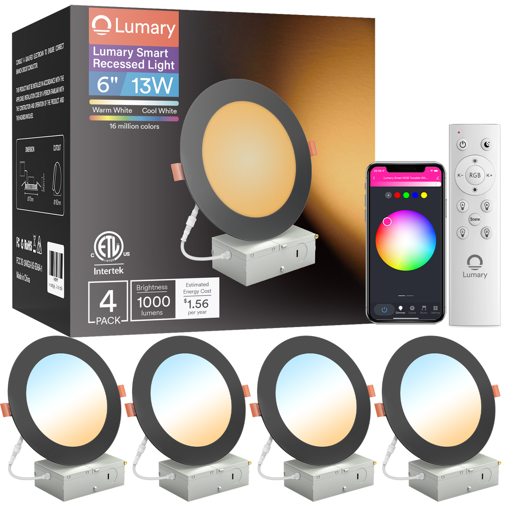 Lumary Wi-Fi Smart Ultra-thin Recessed Lighting Black 6 inch 4PCS