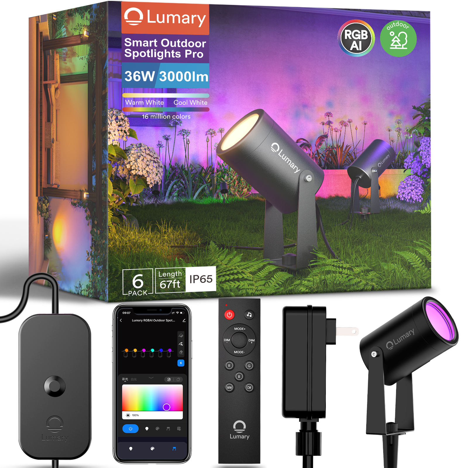 Lumary Smart RGBAI Landscape Lights Pro 36W 3000LM 65ft (6 Pack)