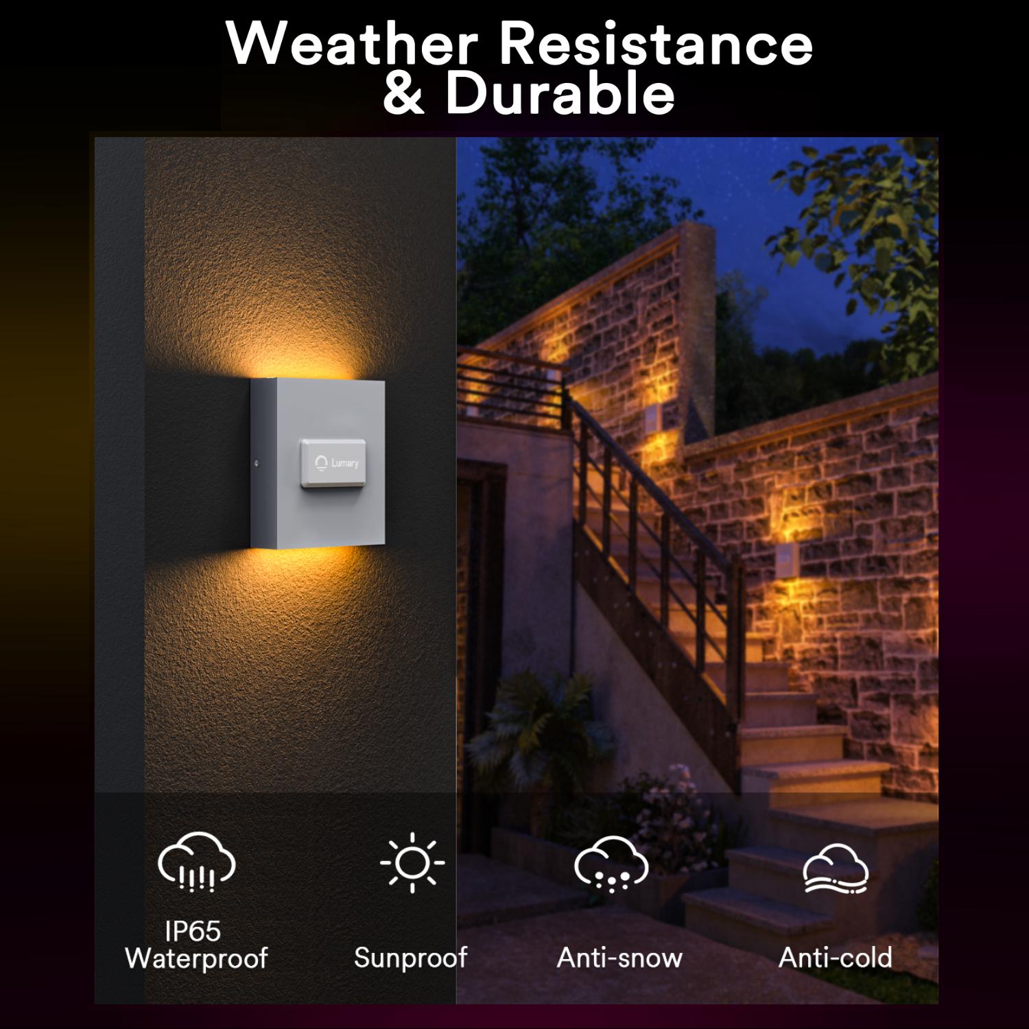 Lumary smart wall sconce light showcasing weather resistance features outdoors at night.