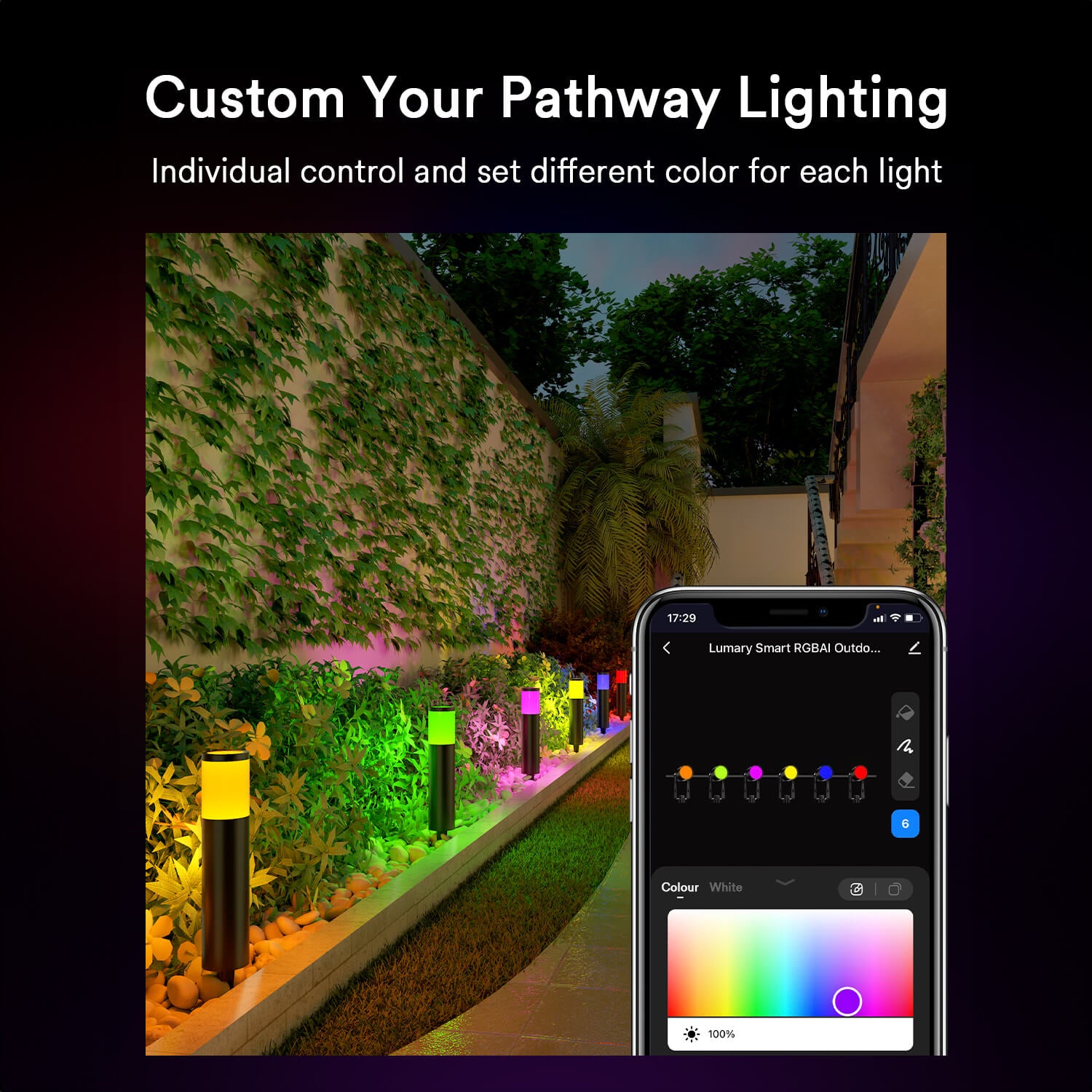 Colorful Lumary pathway lights with smartphone app for individual color control