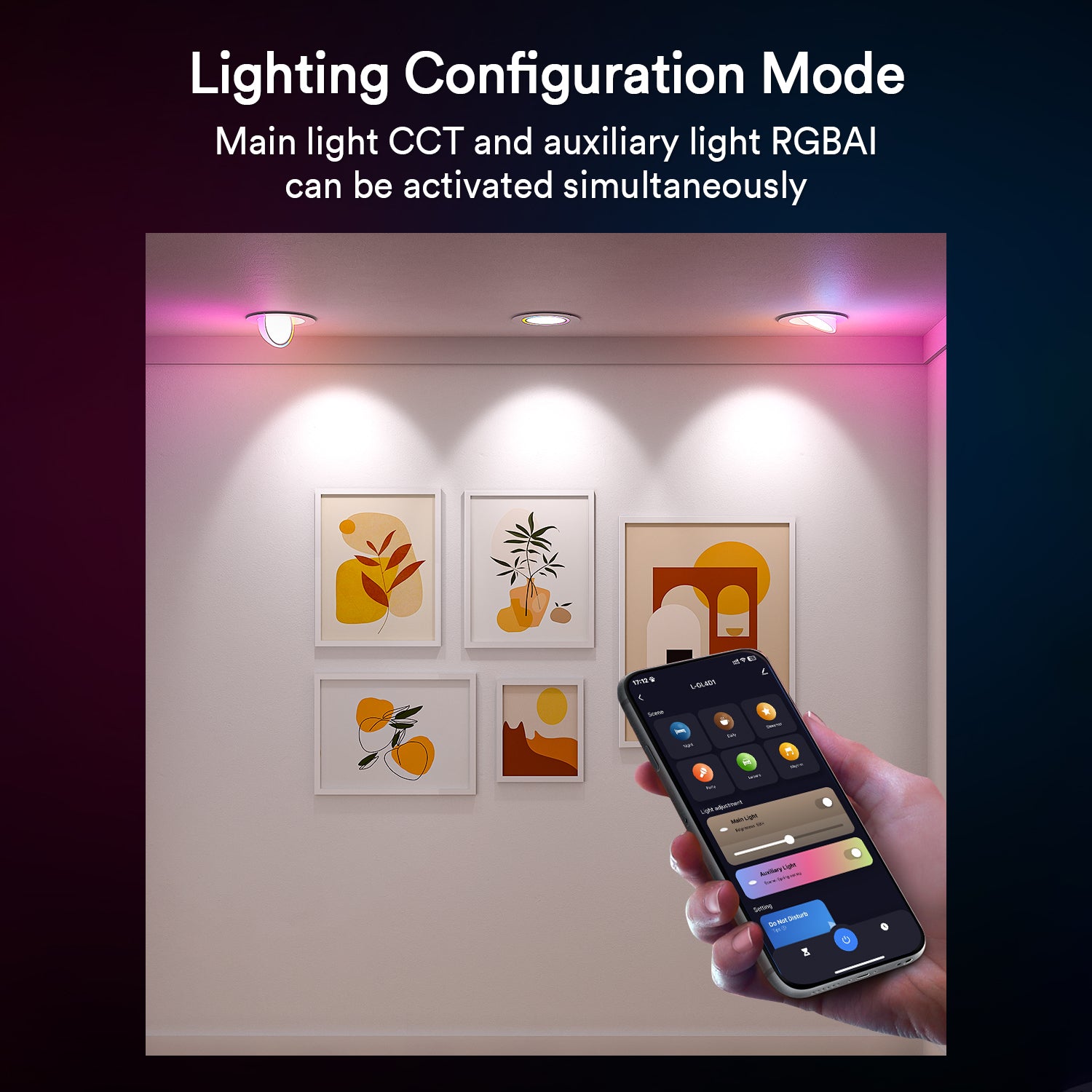 Smart app controlling Lumary 4-inch Gimbal lights with art display on the wall.