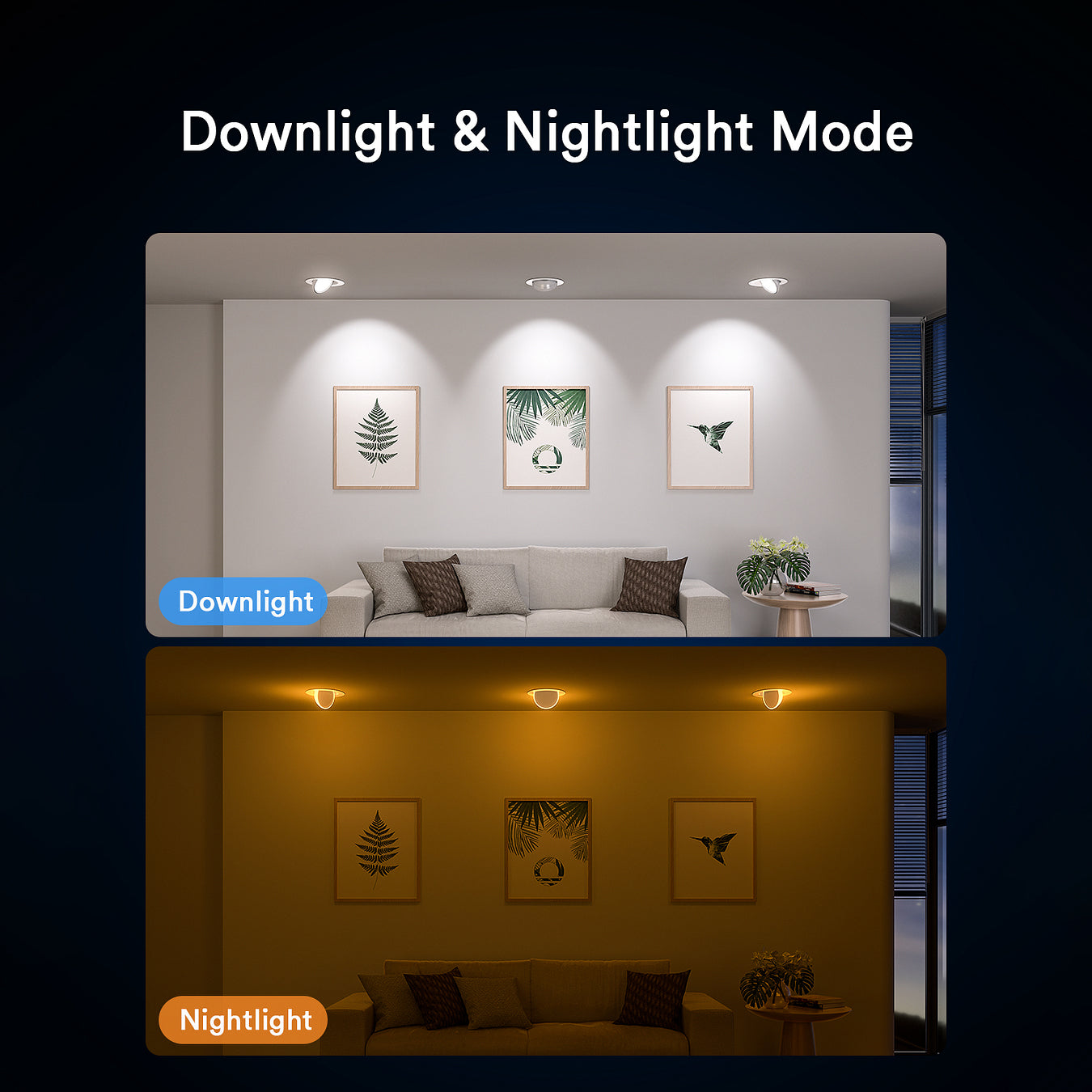 Comparison of Lumary 4-Inch Gimbal Light in downlight and nightlight modes.