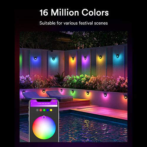 Lumary Smart Deck Lights displaying 16 million colors around a pool area during nighttime.