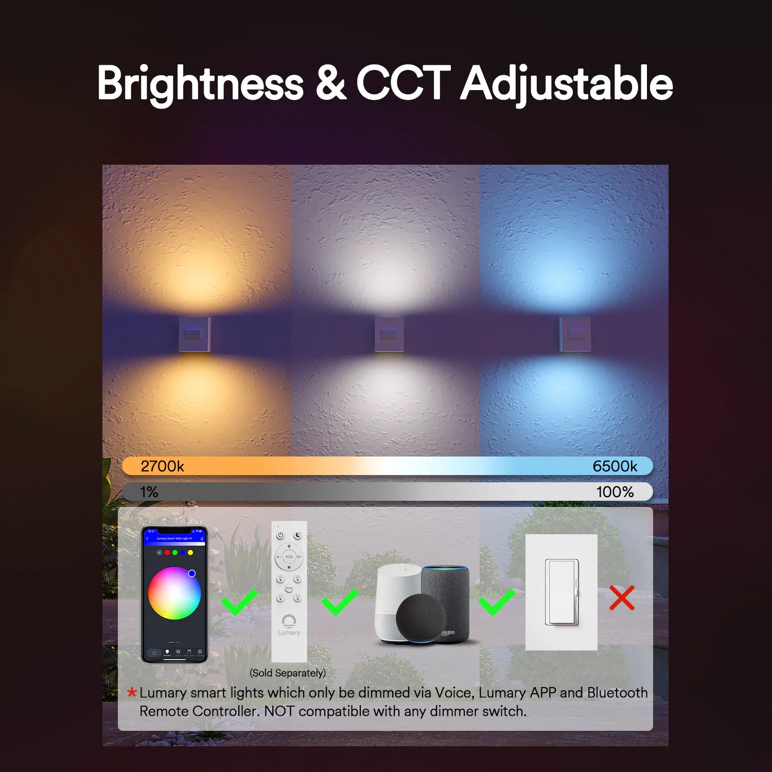 Brightness and color temperature adjustable settings for Lumary smart lights.