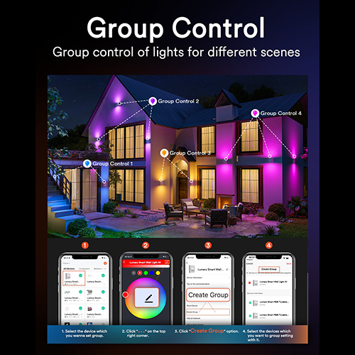 Group control interface for Lumary lights with highlighted outdoor scenes