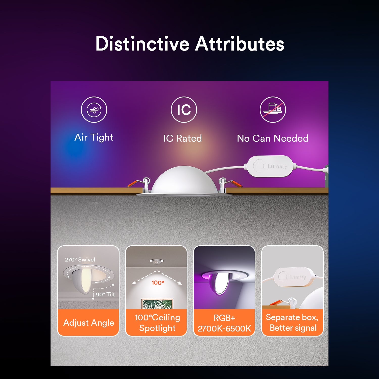 Distinctive attributes of Lumary Smart Gimbal 4-Inch Recessed Light highlighted.