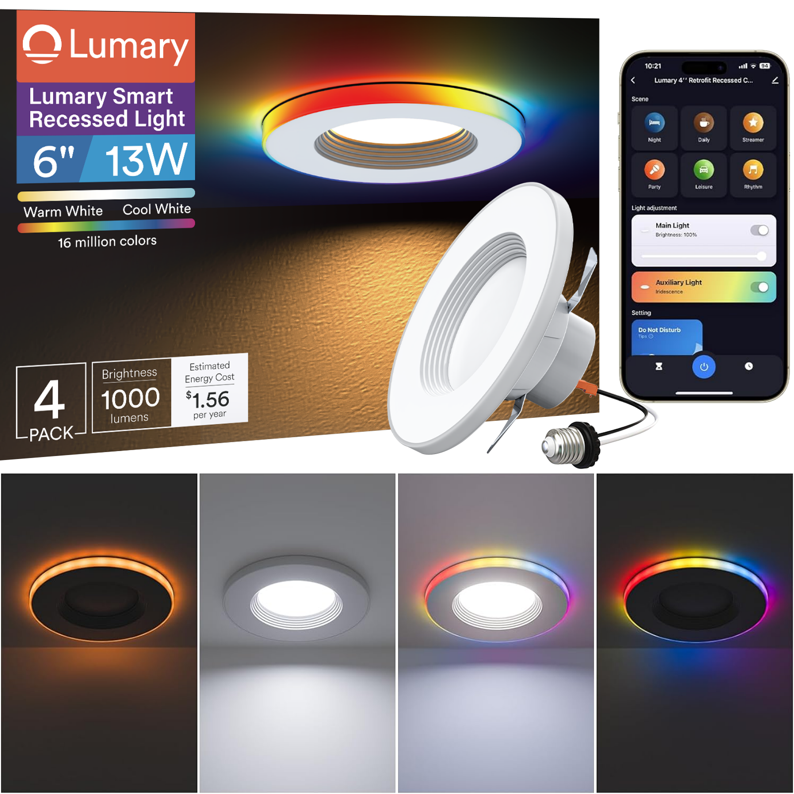 Lumary Smart RGBAI Can Light with Gradient Accent Night Light 6 inch 13W 1000lm