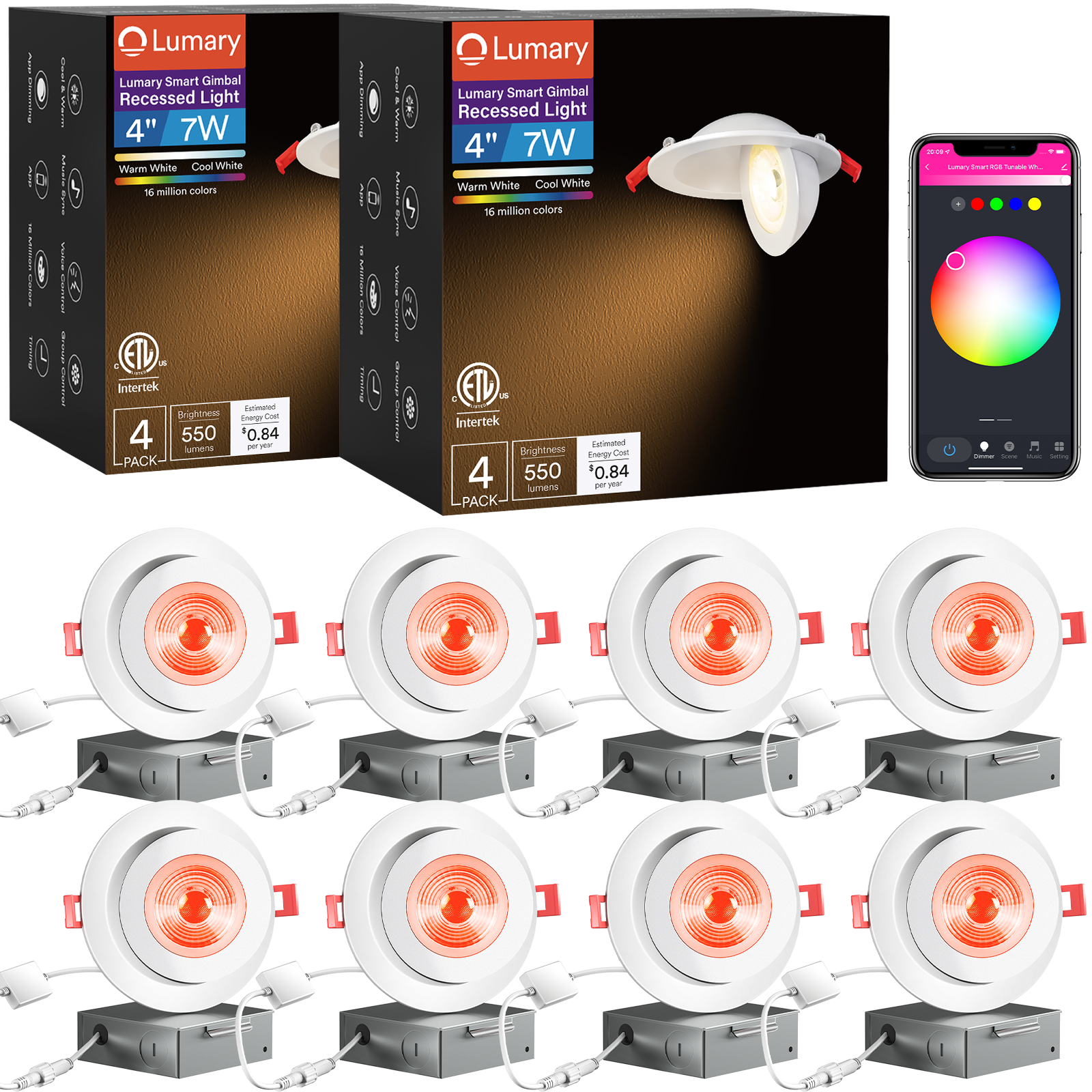 Lumary Smart Gimbal Recessed Lights Adjustable WiFi RGB Gimbal LED