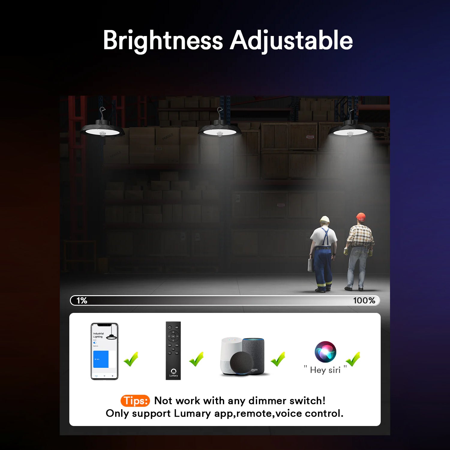 Adjustable brightness for Lumary UFO LED High Bay Light via app and remote control.