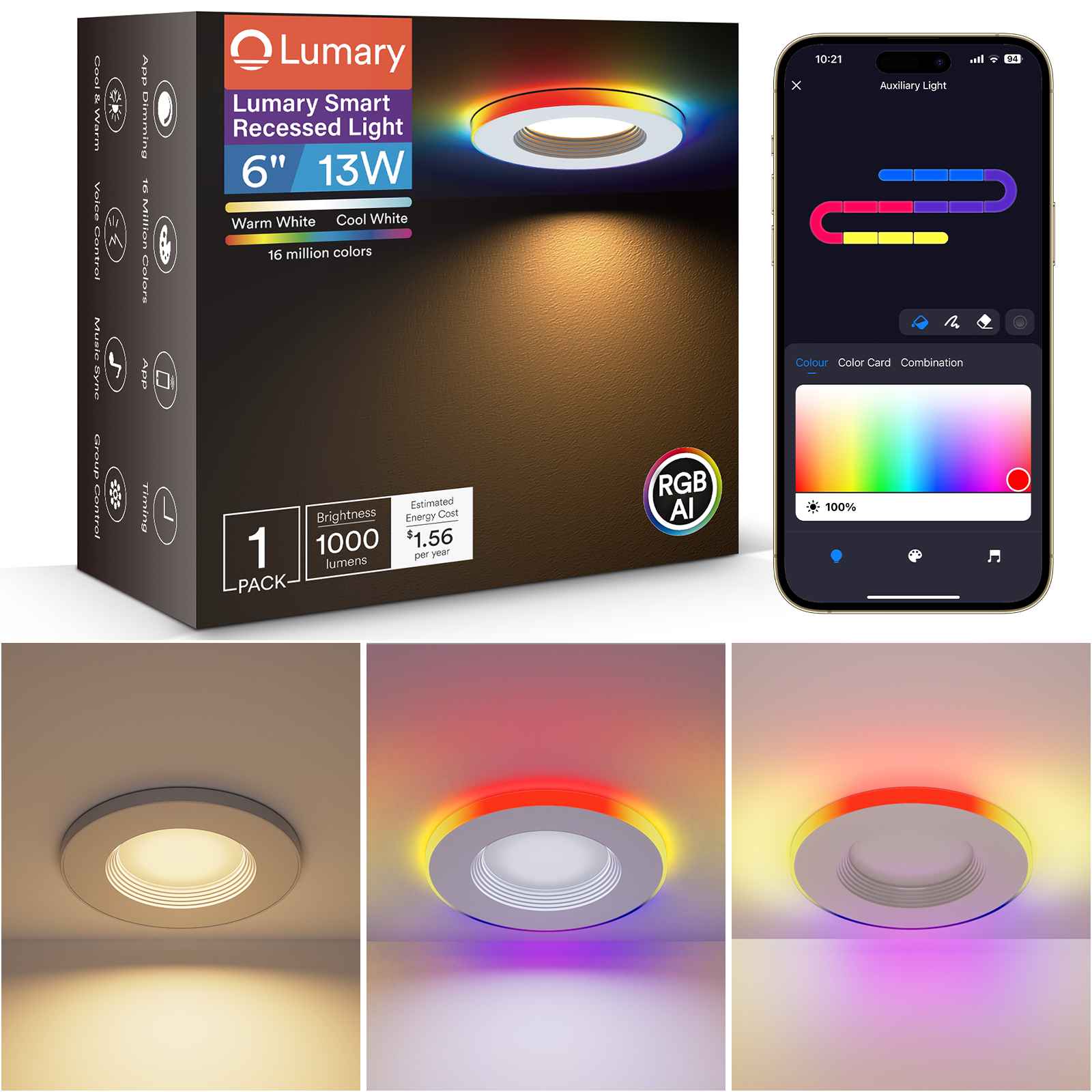 Lumary Smart RGBAI Can Light with Gradient Accent Night Light 6 inch 13W 1000lm