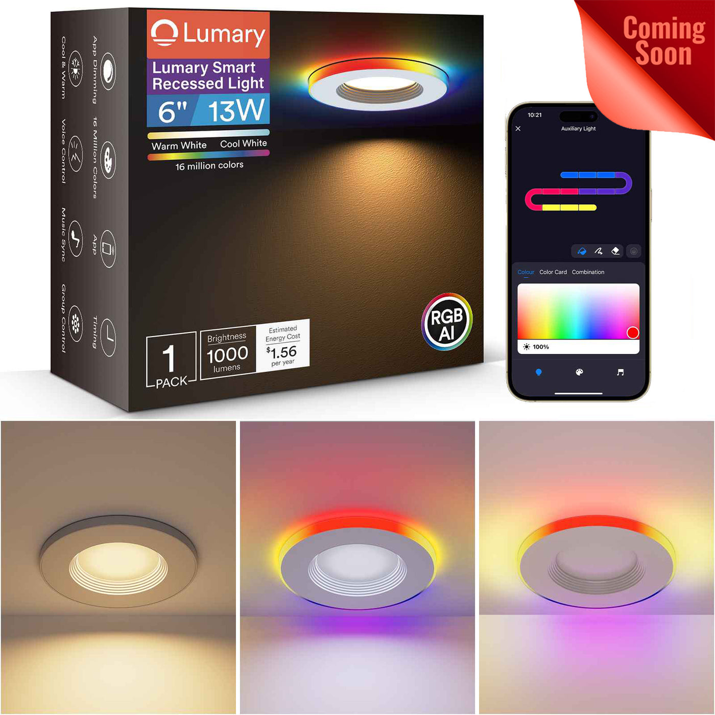 Lumary Smart RGBAI Can Light with Gradient Accent Night Light 6 inch 13W 1000lm