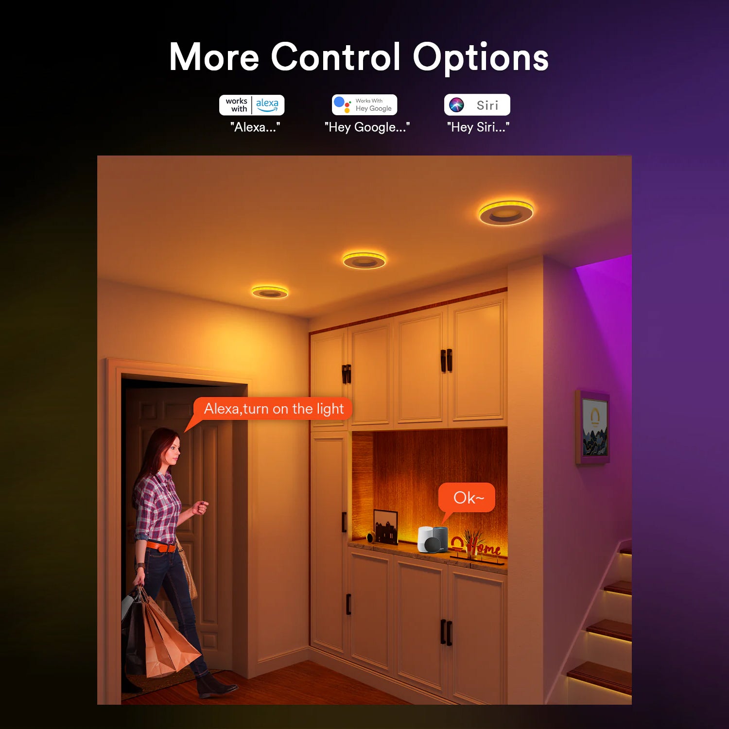 Woman using voice control to activate Lumary smart recessed lights