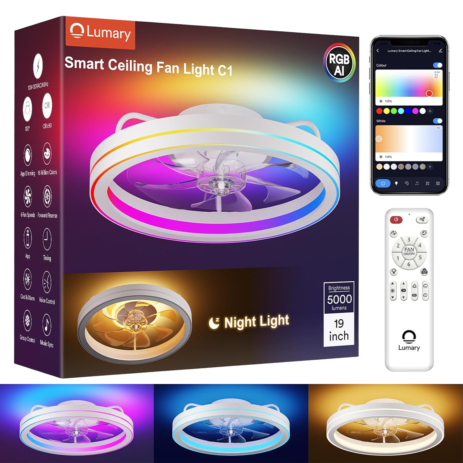 Smart Indoor Ceiling Fan Lights+Neon Rope LIghts+RGBAICW Wall Sconces