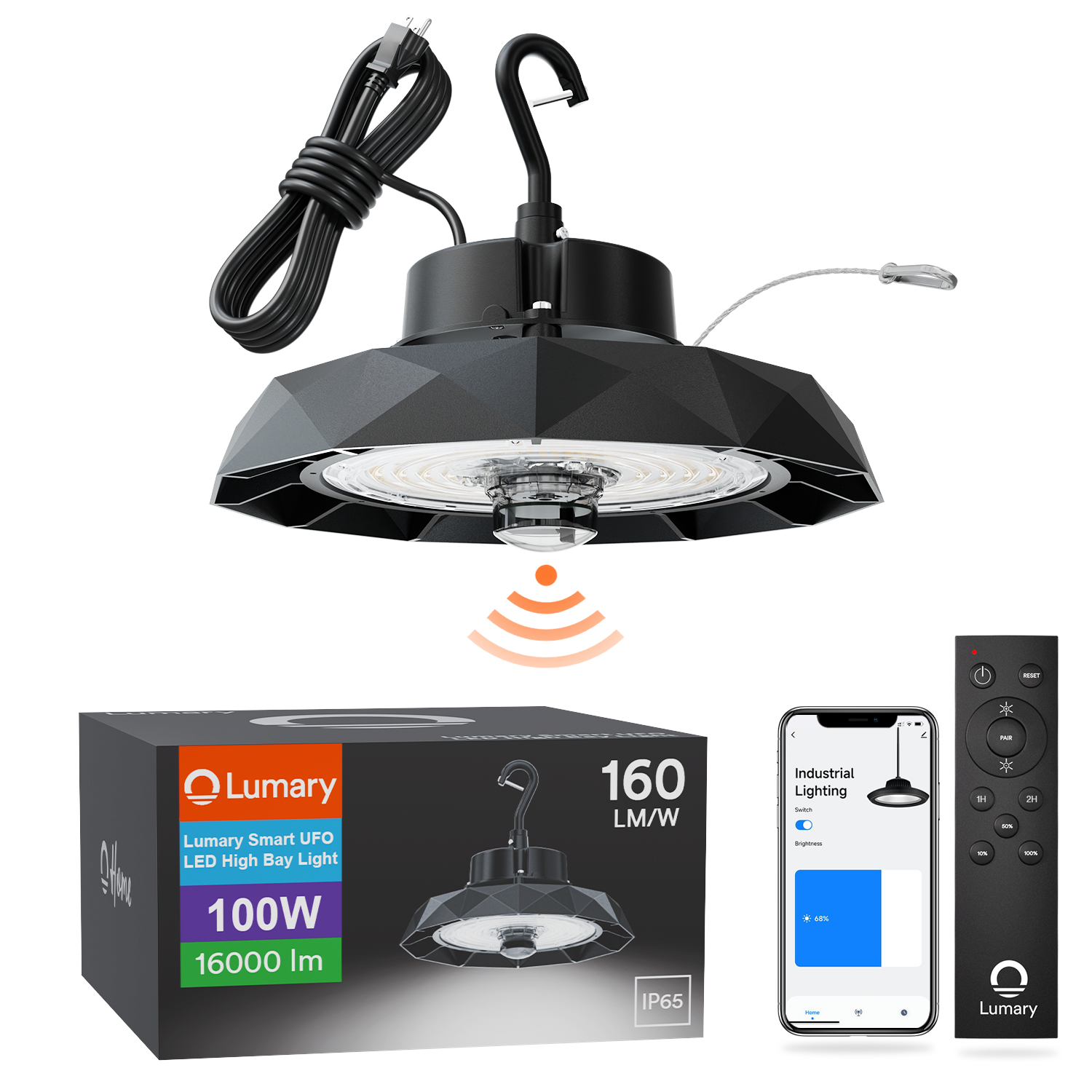 Lumary Smart UFO LED High Bay Light with remote control and packaging